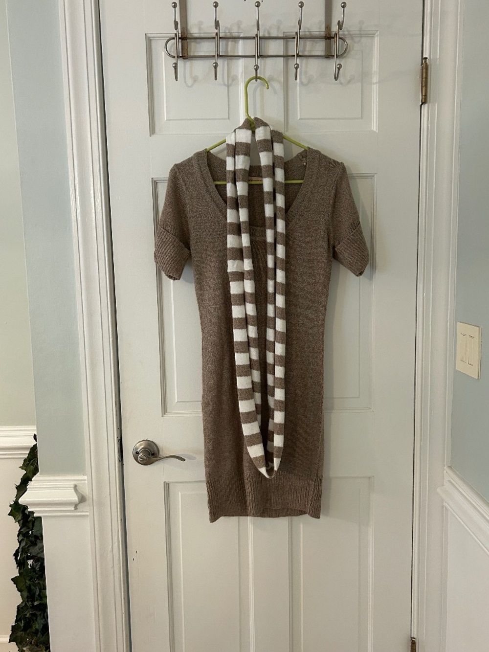 Brown Knit Sweater Dress with Matching Striped Infinity Scarf